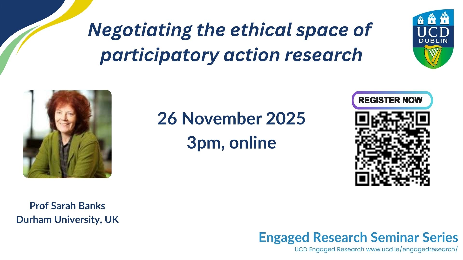 Image of Prof Sarah Bank with a QR code to register for the webinar